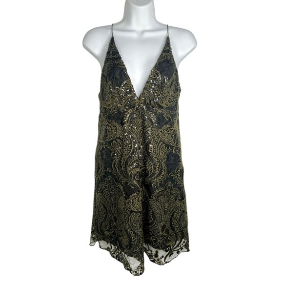 Free People Night Shimmer Lace Mini Dress Sequin Sleeveless Olive Green Black 4 - Picture 3 of 13